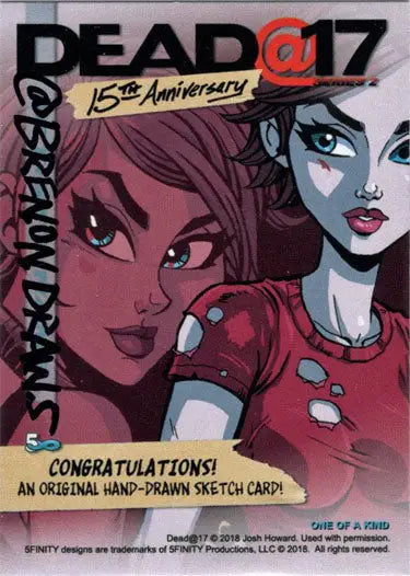 Stylized portrait sketch card of two women for Dead@17 15th Anniversary by Brenon Conn
