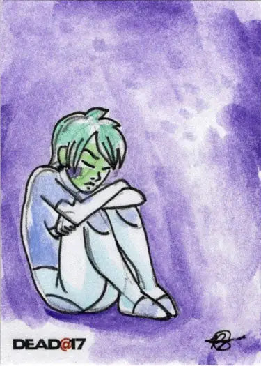 Green-haired figure in fetal position on Dead@17 sketch card by Brenon Conn
