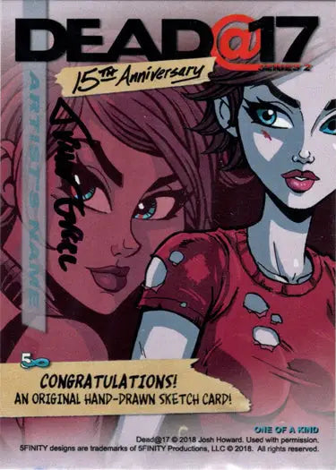 Stylized cartoon sketch card of two young women by Trevor Grace in vibrant colors