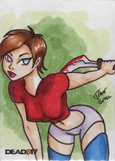 Cartoon drawing of a woman in a red shirt on Trevor Grace’s sketch card for Dead@17