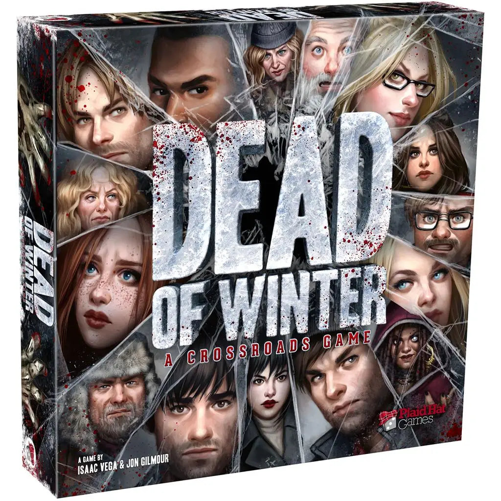 Dead of Winter board game with cracked glass design and character portraits by Fantasy Flight Games