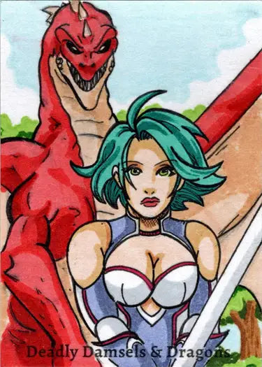 Anime-style sketch card of woman with green hair and dragon by Andy Bohn