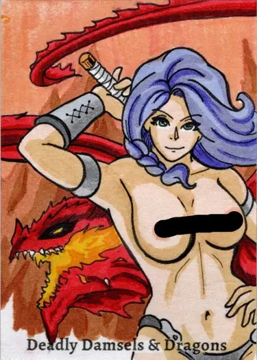 Cartoon-style sketch card of a woman with purple hair and a red dragon by Andy Bohn
