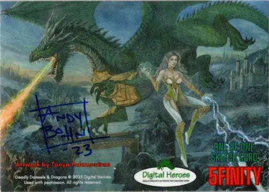 Fantasy scene with dragons and a woman showcasing magic on Andy Bohn sketch card