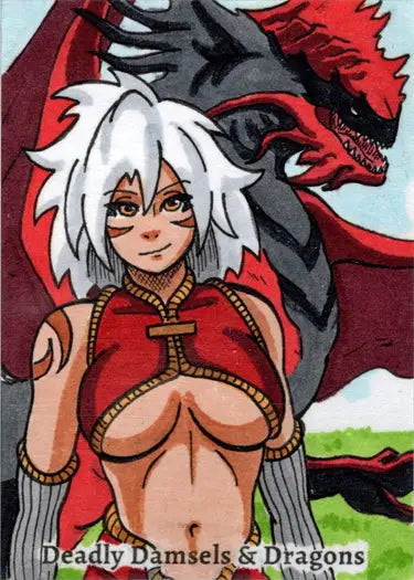 Anime-style character with white hair in red outfit against dragon silhouette on sketch card by Andy Bohn