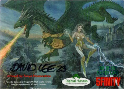Fantasy illustration of a dragon and a magical woman on a David Lee sketch card