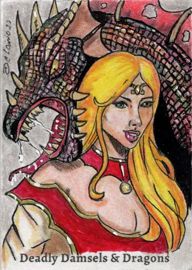Fantasy sketch card featuring a blonde woman and dragon by Delanio Dourado
