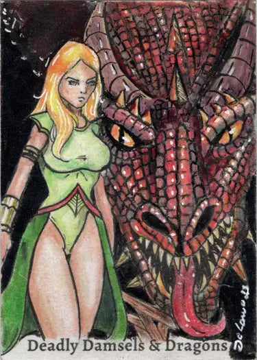 Fierce red dragon with yellow eyes behind a woman in green from Delanio Dourado sketch card