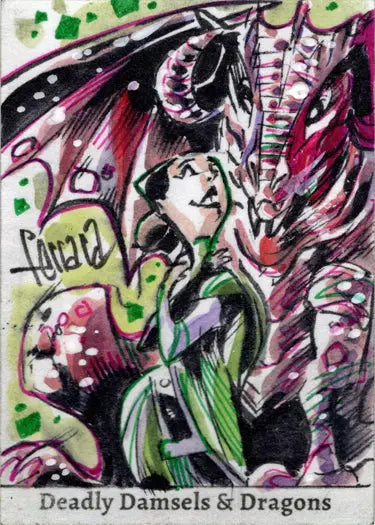 Stylized illustration of a female character and dragon on Eduardo Ferrara sketch card