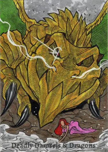 Fierce dragon-like creature with golden scales on Deadly Damsels sketch card design