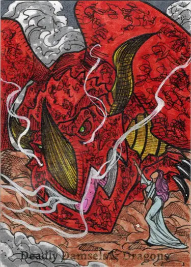 Red dragon with intricate scale patterns on a Deadly Damsels & Dragons sketch card