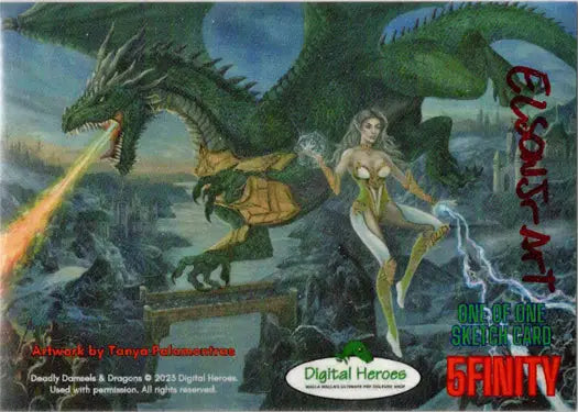 Fantasy illustration of a dragon and woman on Deadly Damsels & Dragons sketch card