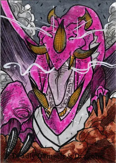Fierce dragon-like creature with glowing pink features in Deadly Damsels & Dragons sketch card