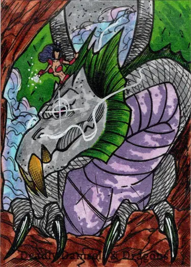 Fantastical dragon-like creature with green fins and purple wings on a sketch card