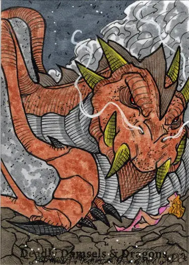 Orange dragon with green horns breathing fire on a sketch card from Deadly Damsels & Dragons