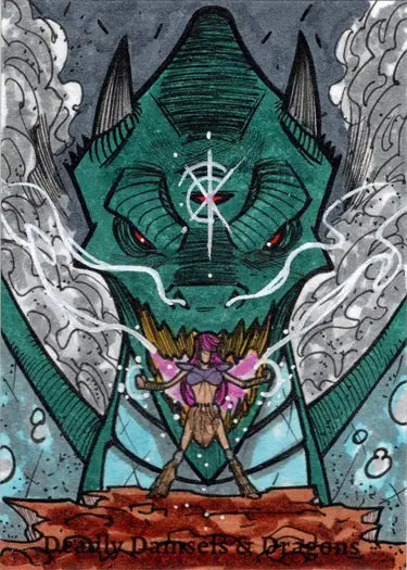 Menacing green creature with horns and glowing eyes in Deadly Damsels Sketch Card