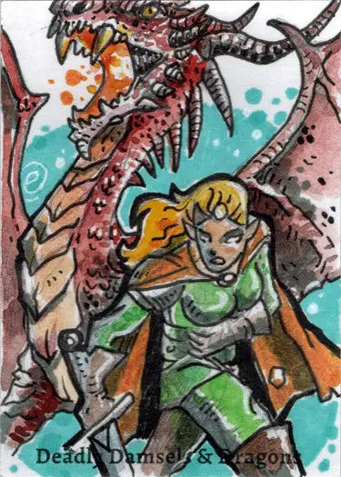 Fierce dragon and armored warrior in Deadly Damsels & Dragons sketch card illustration