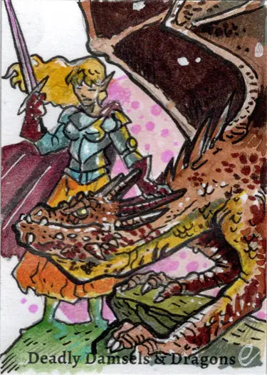 Armored warrior battles dragon in Deadly Damsels & Dragons sketch card collectible