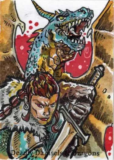 Fierce warrior with sword and dragon in Deadly Damsels & Dragons sketch card design