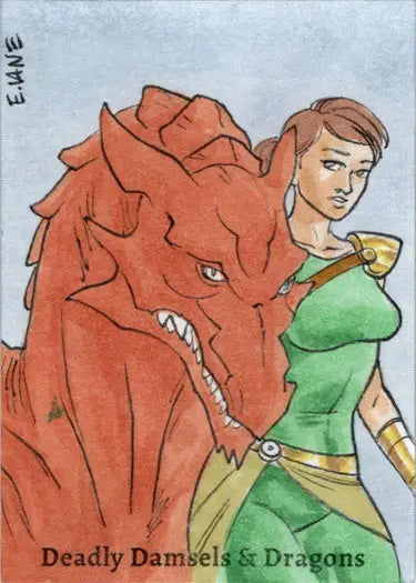 Illustration of a red dragon with a woman in green by Eric Van Elslande on a sketch card