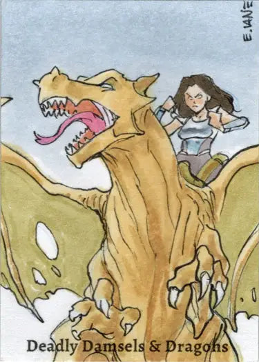 Cartoon dragon with rider in Deadly Damsels & Dragons sketch card by Eric Van Elslande