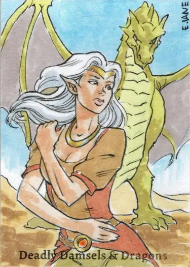 Woman with white hair beside a green dragon in Eric Van Elslande Sketch Card design