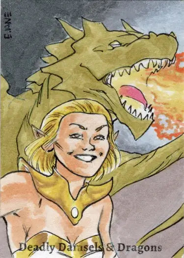 Cartoon illustration of a blonde woman facing a fire-breathing dragon by Eric Van Elslande