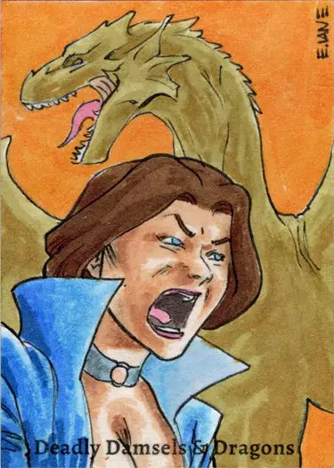 Cartoon illustration of a screaming woman with a dragon by Eric Van Elslande for Sketch Card