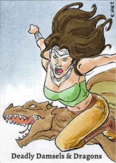 A woman with flowing hair rides a fierce dragon in Eric Van Elslande’s Sketch Card