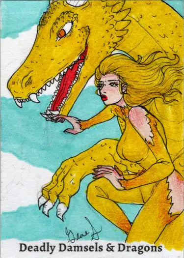 Yellow dragon with blonde woman rider on Deadly Damsels & Dragons Grae Sundberg sketch card