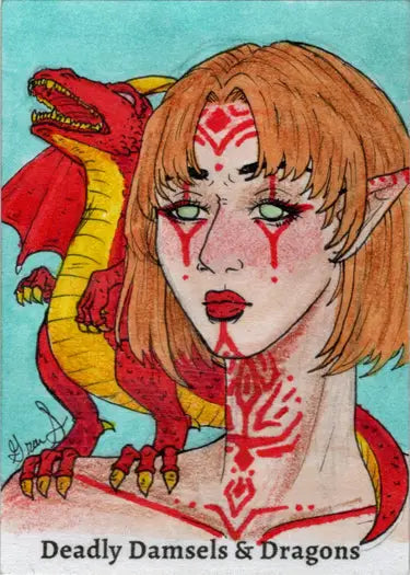 Portrait of a fantasy character by Grae Sundberg with red markings and a dragon in a sketch card