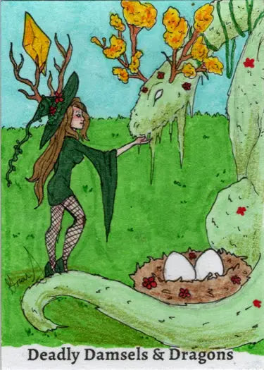 Whimsical Grae Sundberg sketch card of a figure with a dragon near eggs in fantasy scene