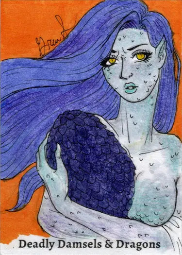 Fantastical female figure by Grae Sundberg on a sketch card for trading cards collection