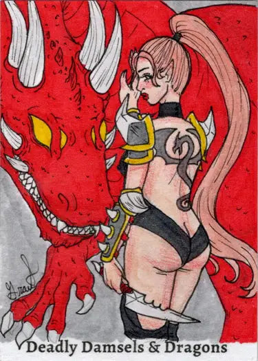 Anime-style female warrior beside a red dragon’s head on a Grae Sundberg sketch card