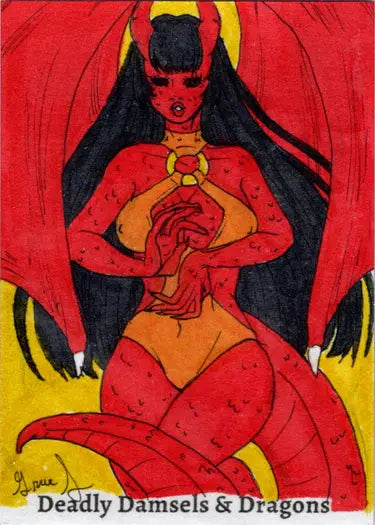 Red demonic female figure with wings holding a glowing orb on Grae Sundberg sketch card