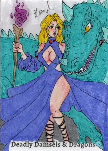 Cartoon-style illustration of a woman in purple dress and teal dragon on Grae Sundberg sketch card