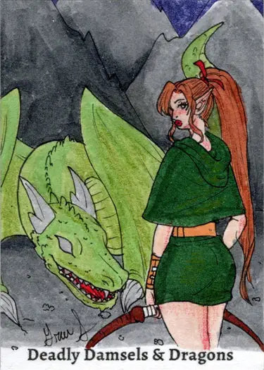Fantasy sketch card featuring a red-haired woman beside a green dragon by Grae Sundberg