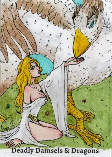 Blonde woman in white dress reaching for bird’s beak on Grae Sundberg sketch card