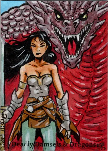 Fierce dragon and warrior woman in Kelly Everaert sketch card from 5finity trading cards
