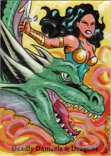 Fierce green dragon and warrior woman on Kelly Everaert sketch card Deadly Damsels & Dragons