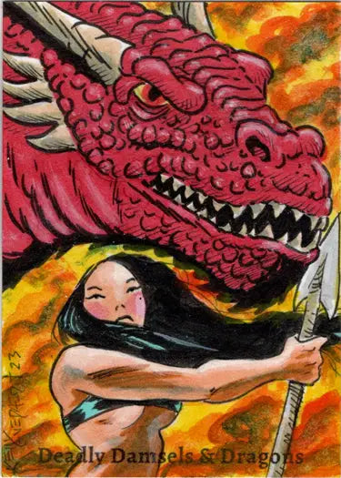 Fierce red dragon over warrior in Kelly Everaert sketch card from trading cards series