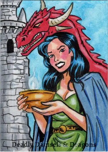 Woman with golden bowl and red dragon in Kelly Everaert’s sketch card art