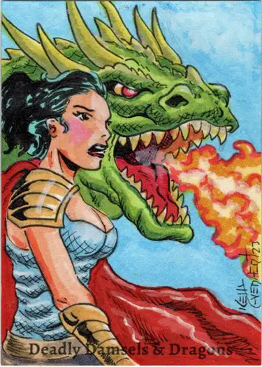 Woman with dark hair beside a fire-breathing green dragon in Kelly Everaert sketch card