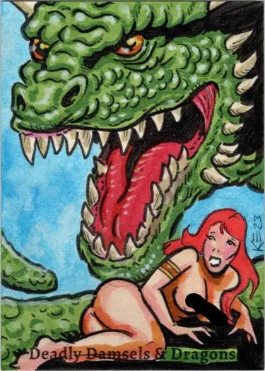 Fierce green dragon sketch card by Kelly Everaert for Deadly Damsels & Dragons trading cards