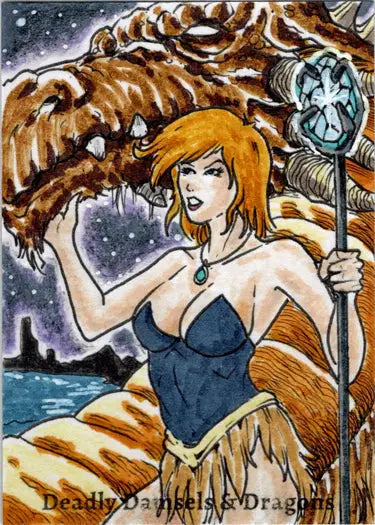 Fantasy sketch card of a woman with orange hair and a dragon by Limuel Pinzon