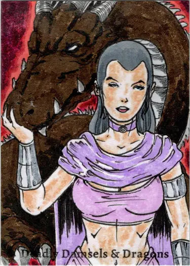 Fantasy illustration of a woman in purple with a dragon, featured in Limuel Pinzon Sketch Card