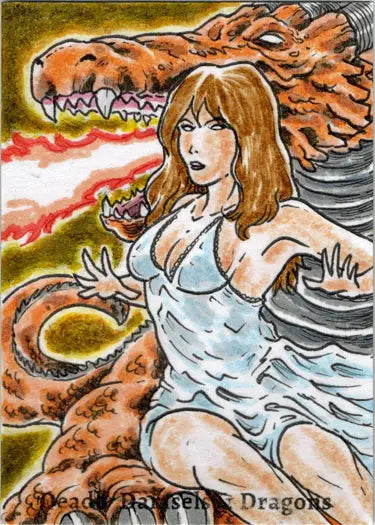 Stylized illustration of a woman in a white dress facing a dragon from Limuel Pinzon’s sketch card