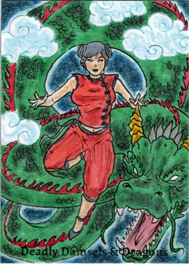 Woman in a red outfit rides a green dragon in Limuel Pinzon’s sketch card art