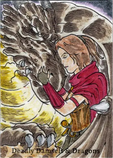 Person in a red cloak embracing a dragon’s head on Limuel Pinzon sketch card