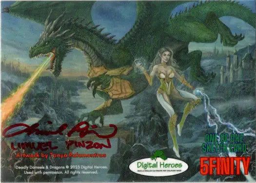 Fantasy illustration of a dragon and warrior on a Deadly Damsels & Dragons sketch card